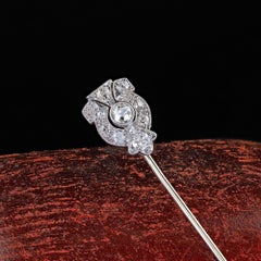 Antique Art Deco Platinum and 14K White Gold Old Mine Diamond Stick Pin