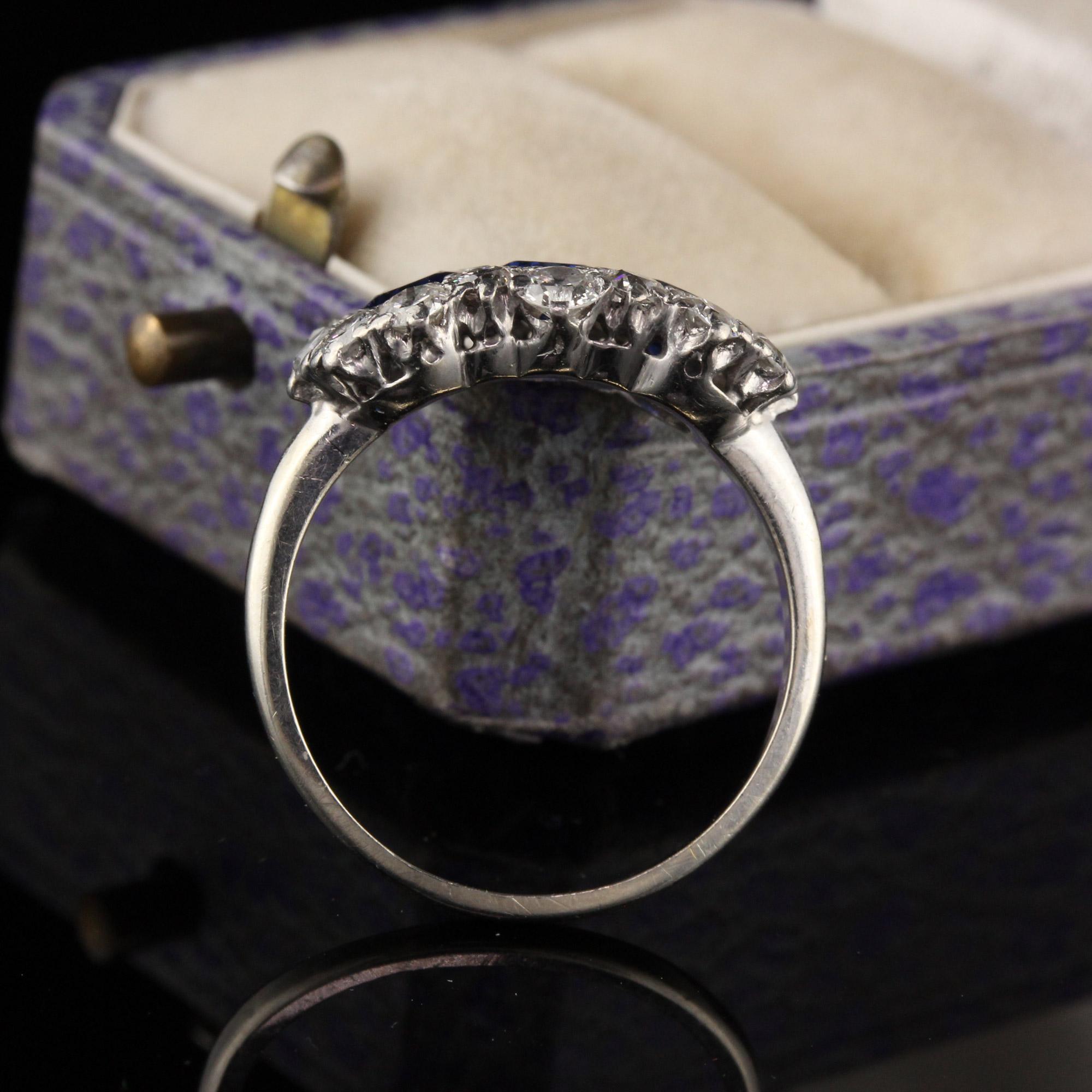 Beautiful antique platinum ring with 3 gorgeous sapphires and diamonds. 

Item #R0540

Metal: Platinum Top & 14K White Gold Shank

Weight: 4.1 Grams

Total Diamond Weight: Approximately 1.5 cts

Diamond Color: H

Diamond Clarity: VS2

Ring Size: