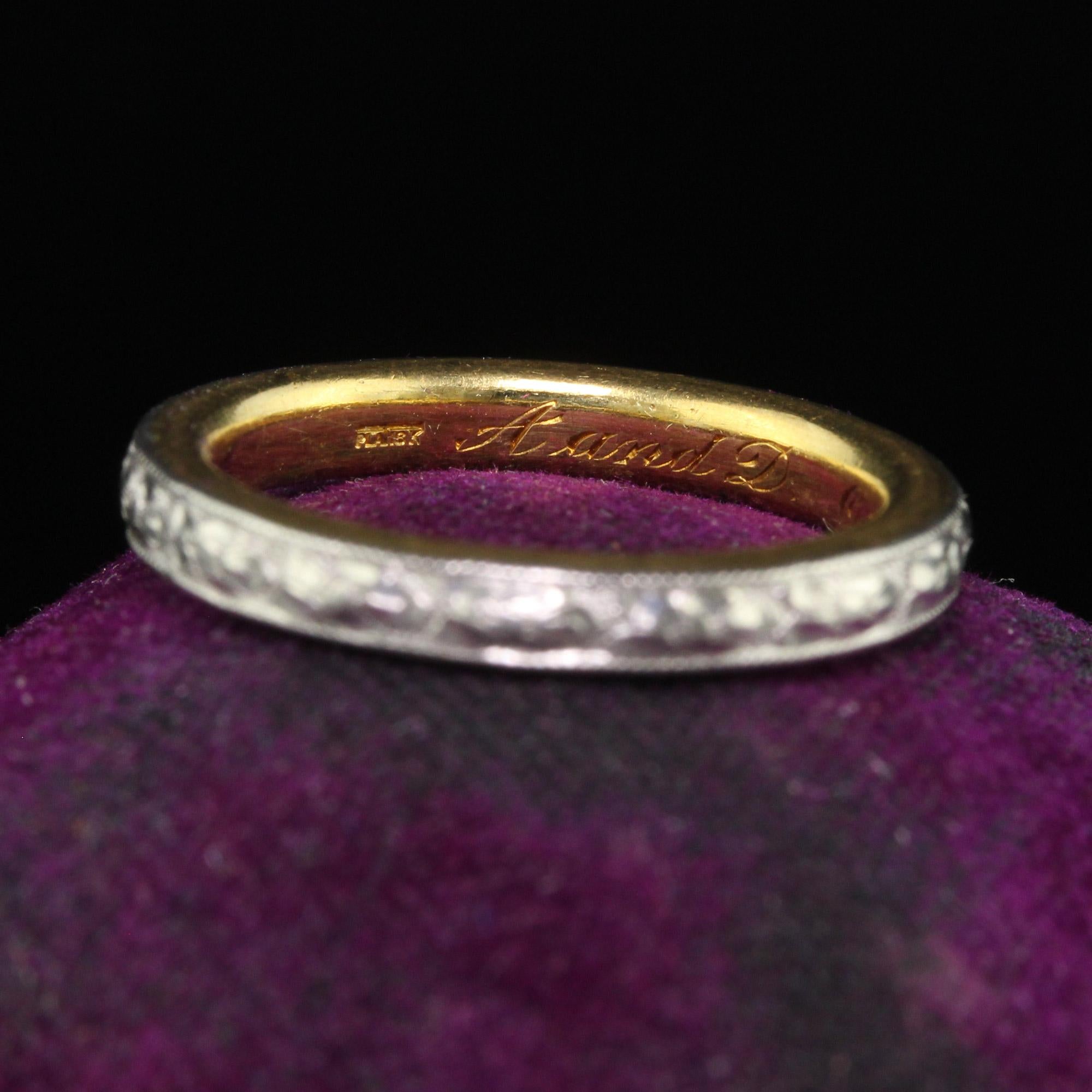Women's Antique Art Deco Platinum and 18K Gold Engraved Wedding Band Circa 1917 - Size 5 For Sale