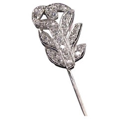 Antique Art Deco Platinum and 18K White Gold Old Euro Diamond Floral Stick Pin