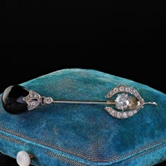 Antique Art Deco Platinum and Gold Old Euro Diamond and Onyx Jabot Pin