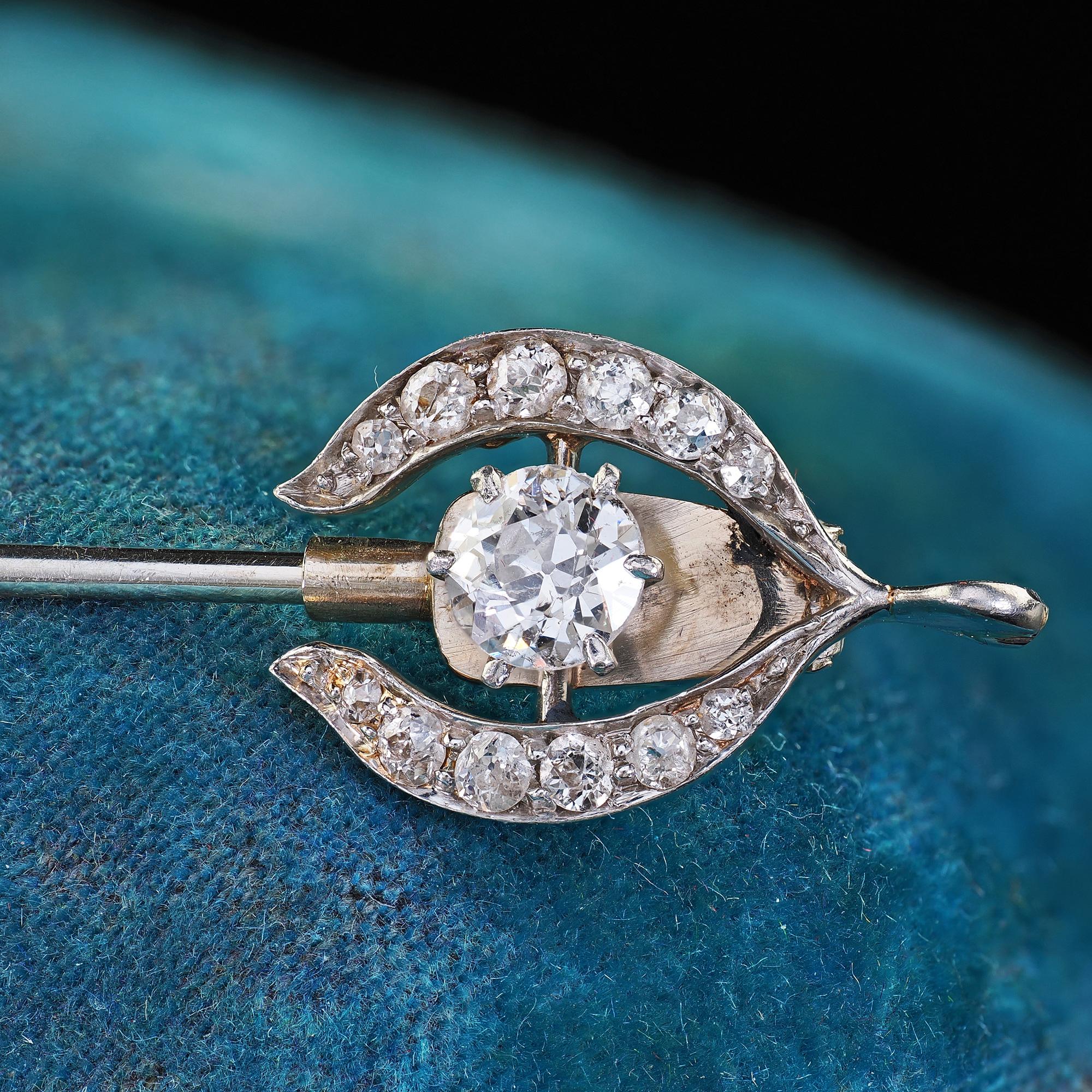 Antike Art Deco Platin und Gold Alte Euro Diamant und Onyx Jabot Pin im Angebot 2