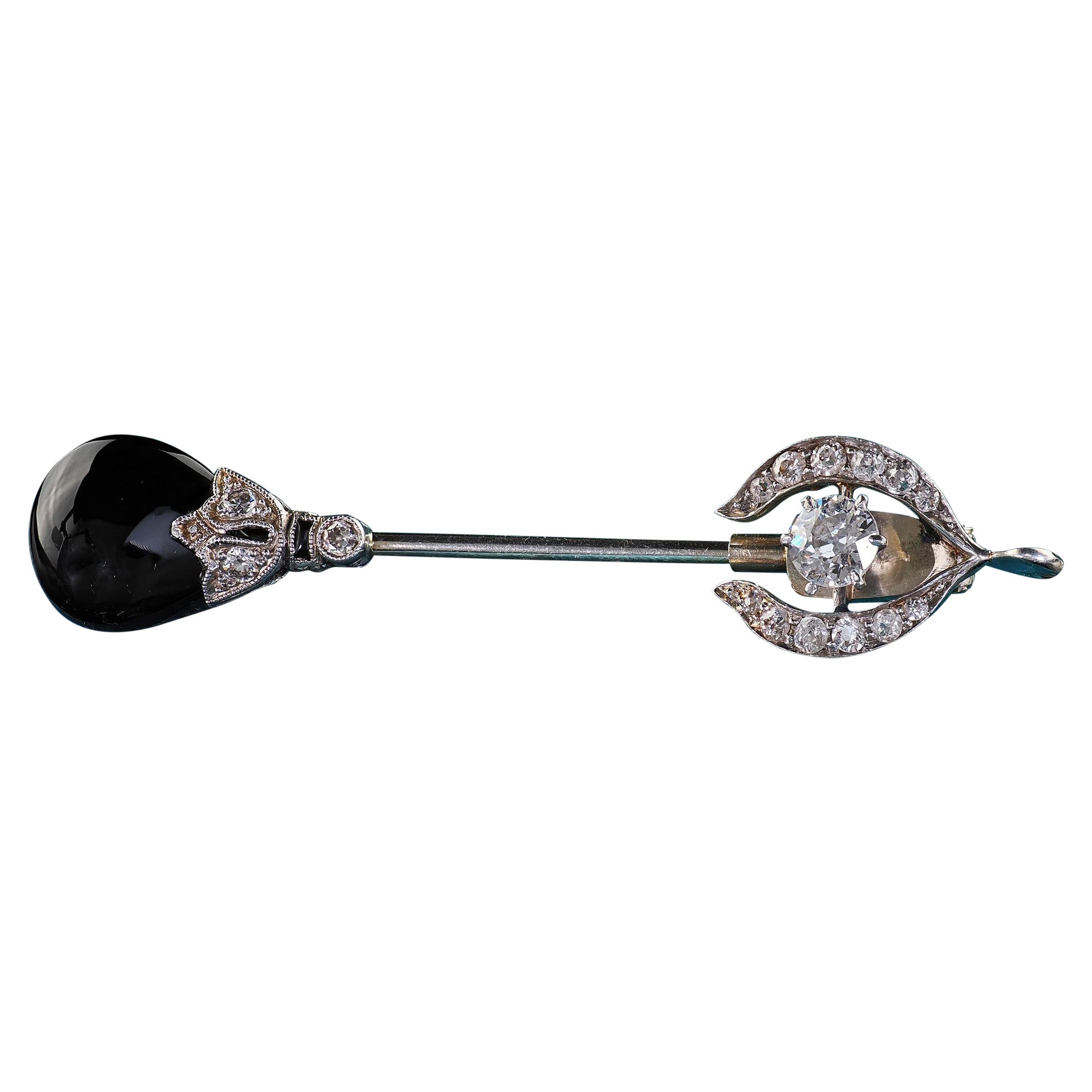 Antike Art Deco Platin und Gold Alte Euro Diamant und Onyx Jabot Pin im Angebot