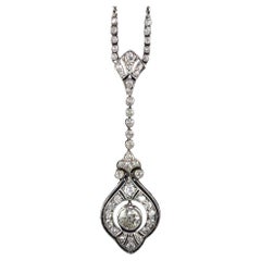 Antique Art Deco Platinum and Silver Old European Diamond Drop Filigree Pendant