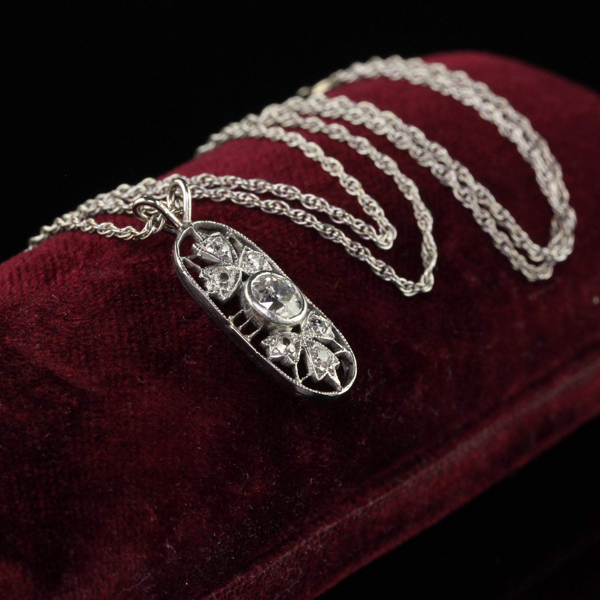 Antique Art Deco Platinum and White Gold Old Mine Diamond Filigree Pendant 1