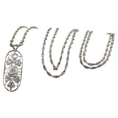 Antique Art Deco Platinum and White Gold Old Mine Diamond Filigree Pendant