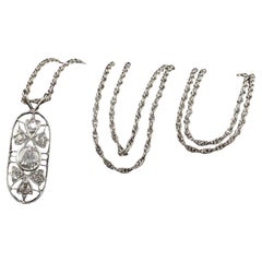 Antique Art Deco Platinum and White Gold Old Mine Diamond Filigree Pendant