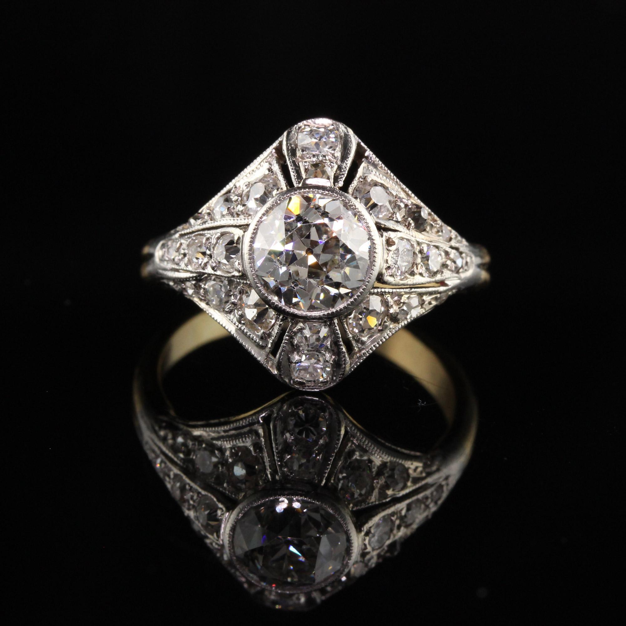 Antique Art Deco Platinum and Yellow Gold Old European Diamond Engagement Ring In Good Condition For Sale In Great Neck, NY