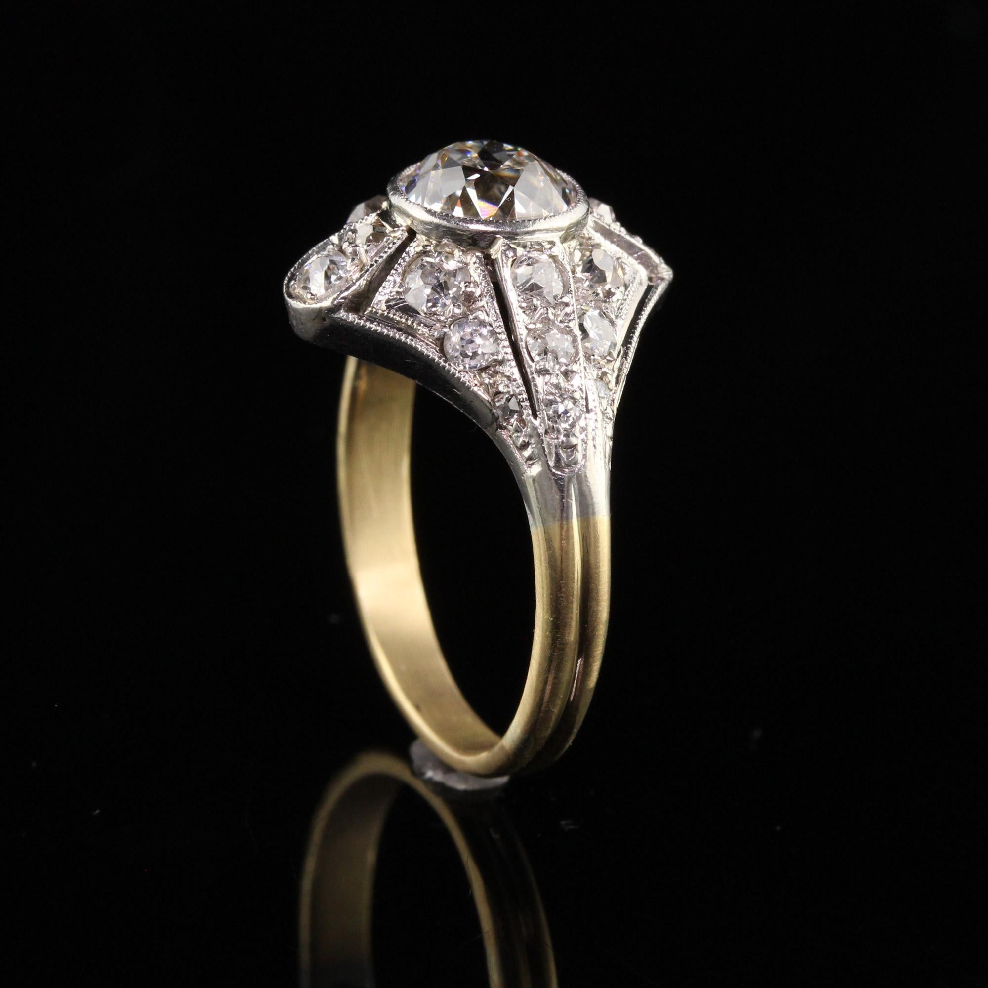 Antique Art Deco Platinum and Yellow Gold Old European Diamond Engagement Ring For Sale 1