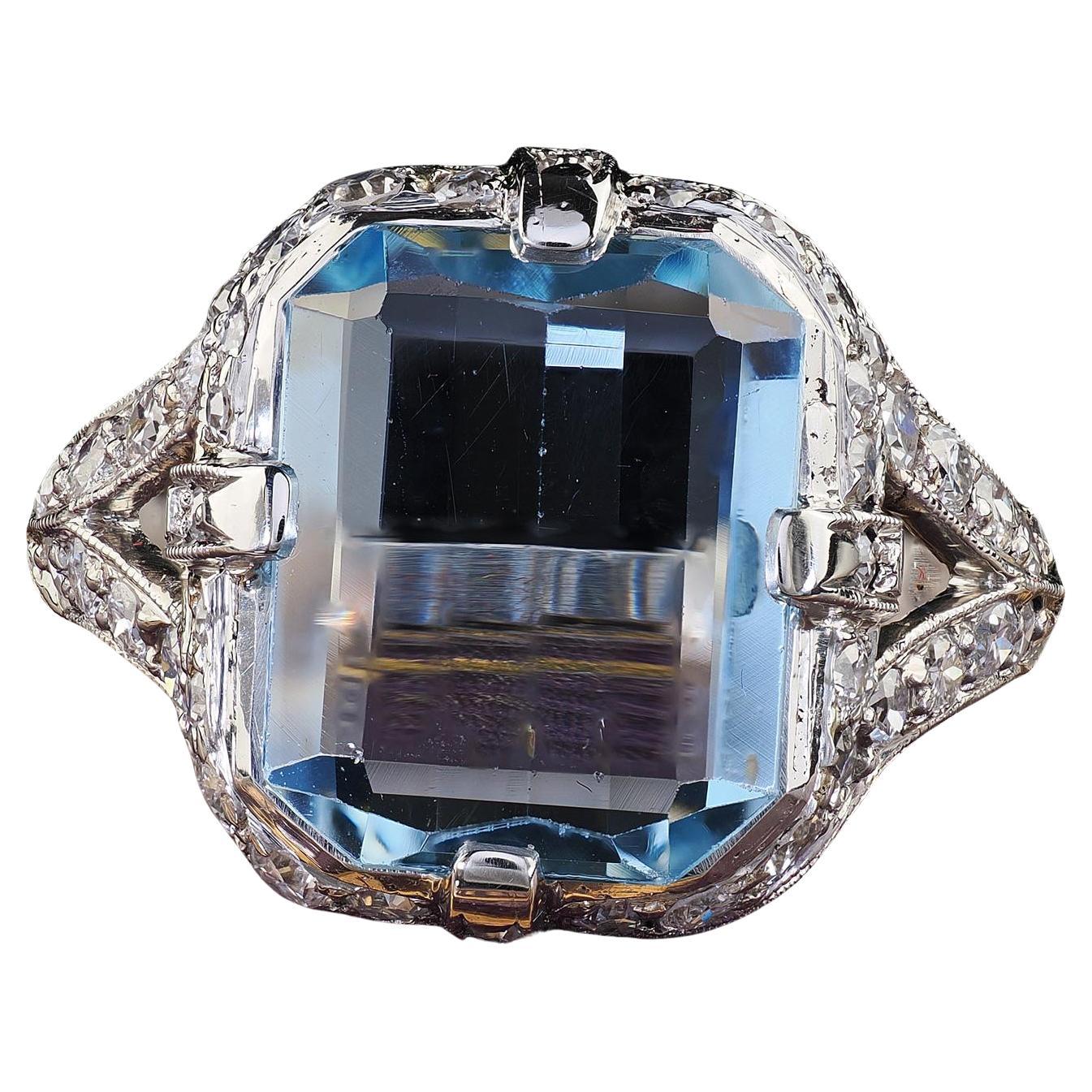 Antique Art Deco Platinum Aquamarine and Old Cut Diamond Ring
