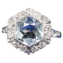 Antique Art Deco Platinum Aquamarine and Old Euro Diamond Engagement Ring