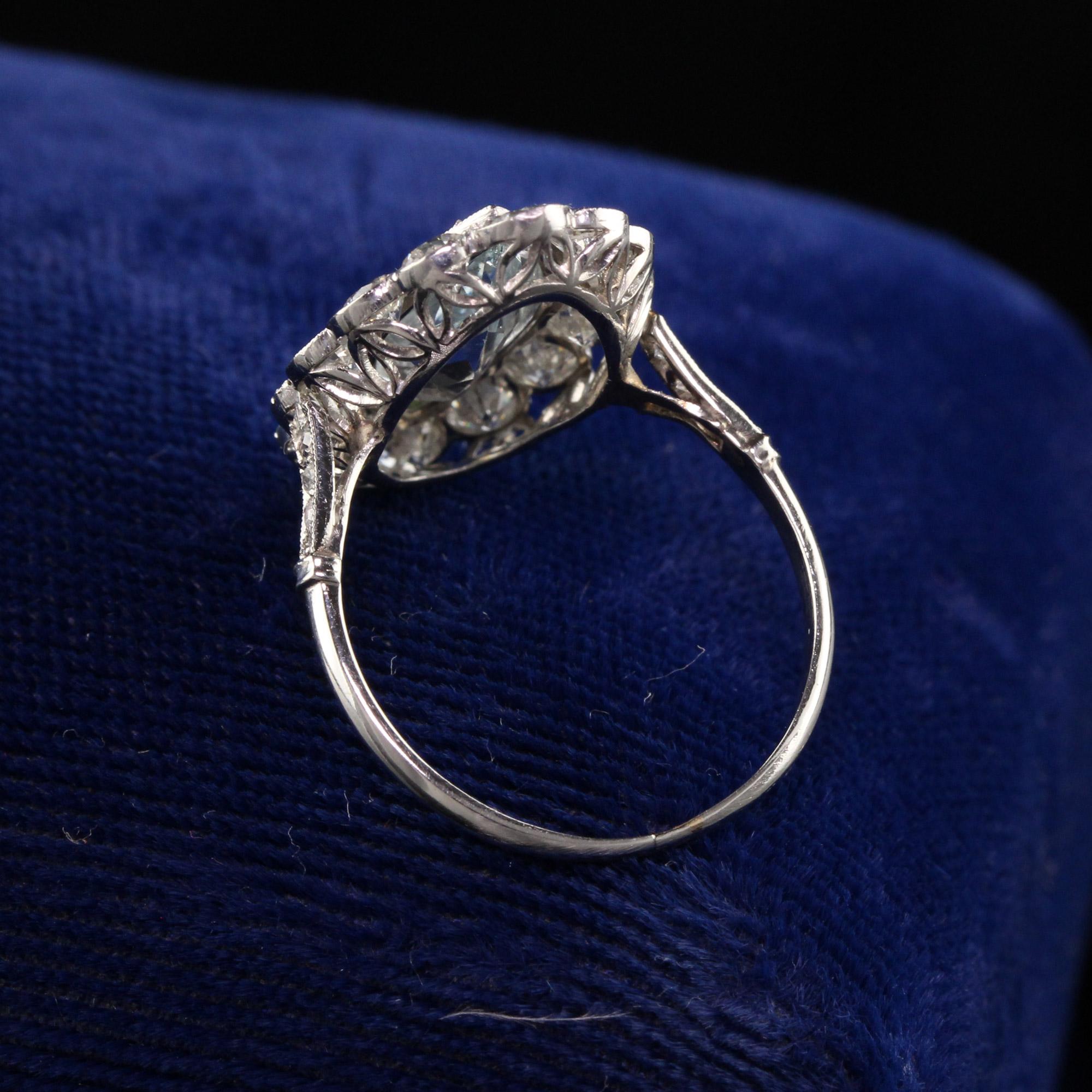 Beautiful Antique Art Deco Platinum Aquamarine Old European Engagement Ring. This magnificent ring has a marquise cut aquamarine in the center surrounded by old european cut diamonds around it.

Item #R0960

Metal: Platinum

Weight: 4.7