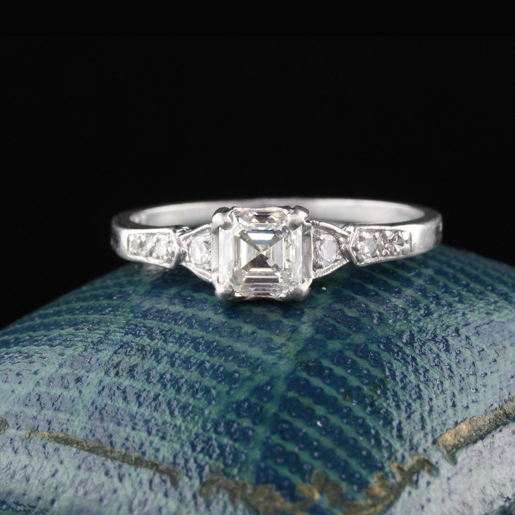 Stunning, simple, classic art deco engagement ring in platinum with a asscher cut diamond center, and 3 old cut round diamonds on either side of the shank.

#R0190

Metal: Platinum

Weight: 2.9 Grams

Center Diamond Weight: 0.70 ct Asscher cut (EGL