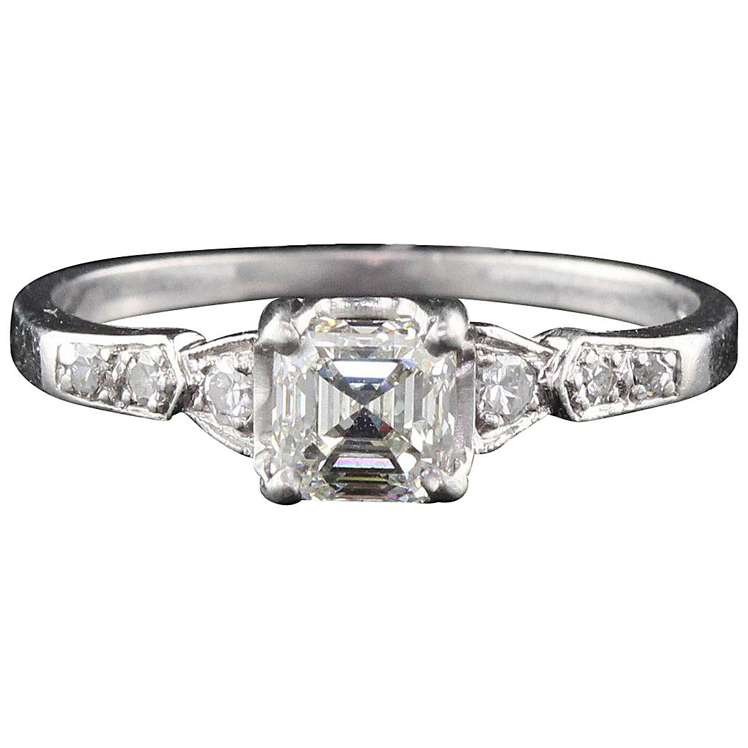 Antique Art Deco Platinum Asscher Cut Diamond Engagement Ring