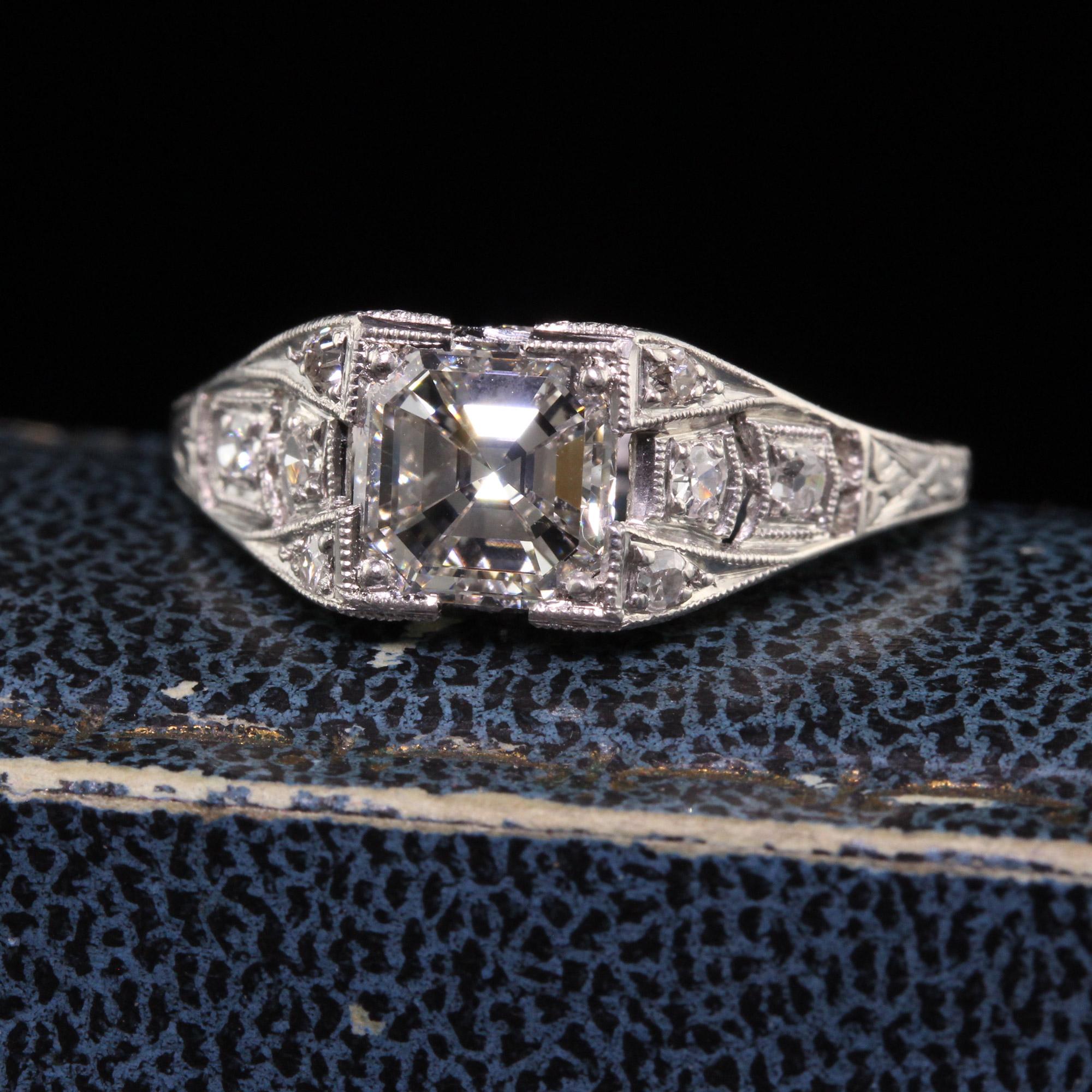 Beautiful Antique Art Deco Platinum Asscher Cut Diamond Engagement Ring - Size 6 1/4. This incredible engagement ring is crafted in platinum. The center holds a GIA certified Asscher cut diamond and is set in a gorgeous art deco mounting. The ring
