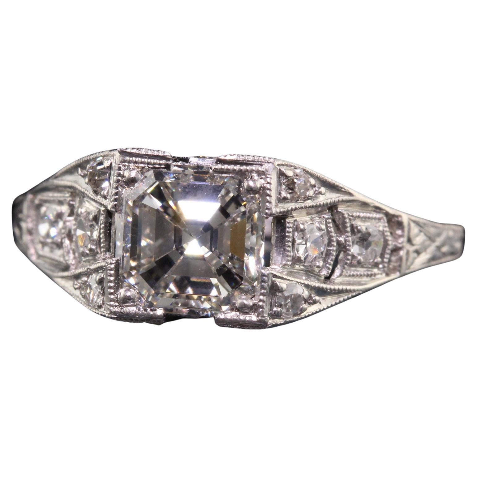 Antique Art Deco Platinum Asscher Cut Diamond Engagement Ring - GIA - Size 6 1/4 For Sale