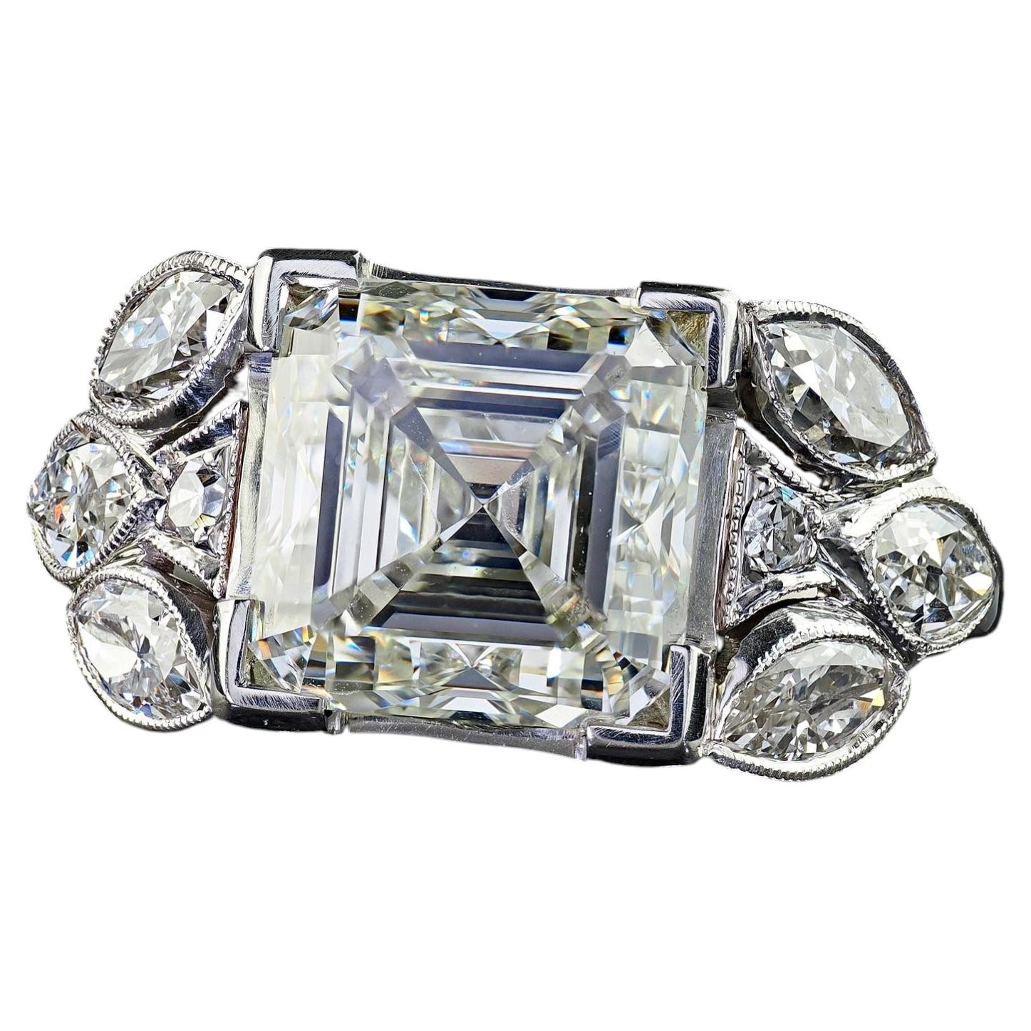 Antique Art Deco Platinum Asscher Cut Diamond Marquise Engagement Ring - GIA