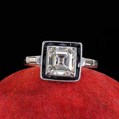 Antiguo Anillo de Compromiso Art Decó Platino Corte Asscher Diamante Ónix Halo - GIA