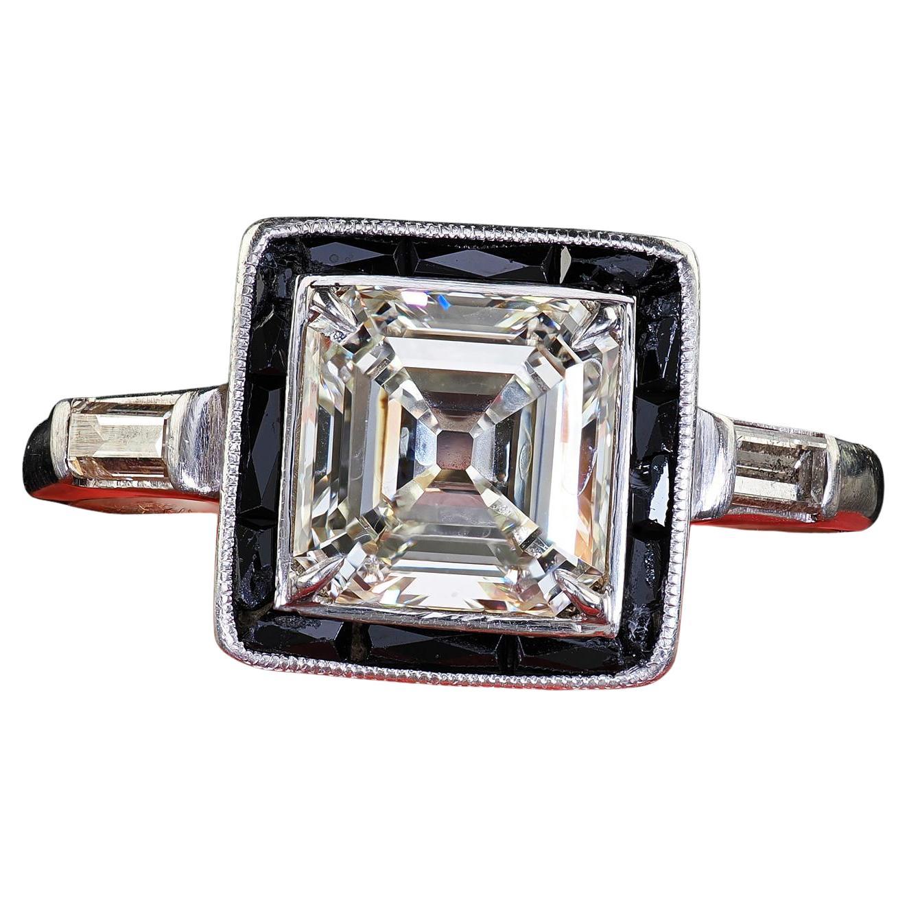 Antique Art Deco Platinum Asscher Cut Diamond Onyx Halo Engagement Ring - GIA