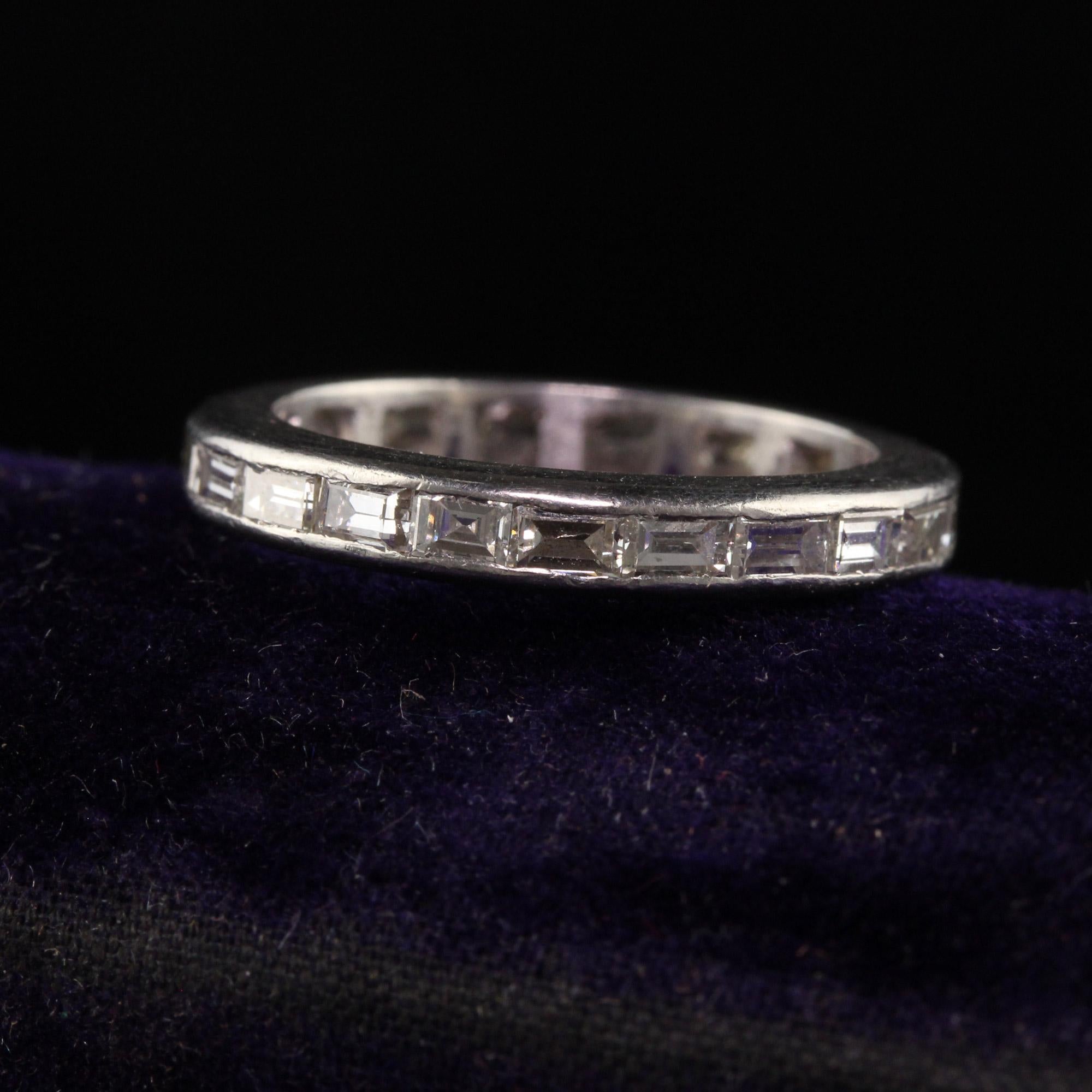 Beautiful Antique Art Deco Platinum Baguette Diamond Eternity Band - Size 6. This beautiful ring is crafted in platinum. The ring has baguette diamonds going around the entire band and has an impressive look.

Item #R1354

Metal: Platinum

Weight: