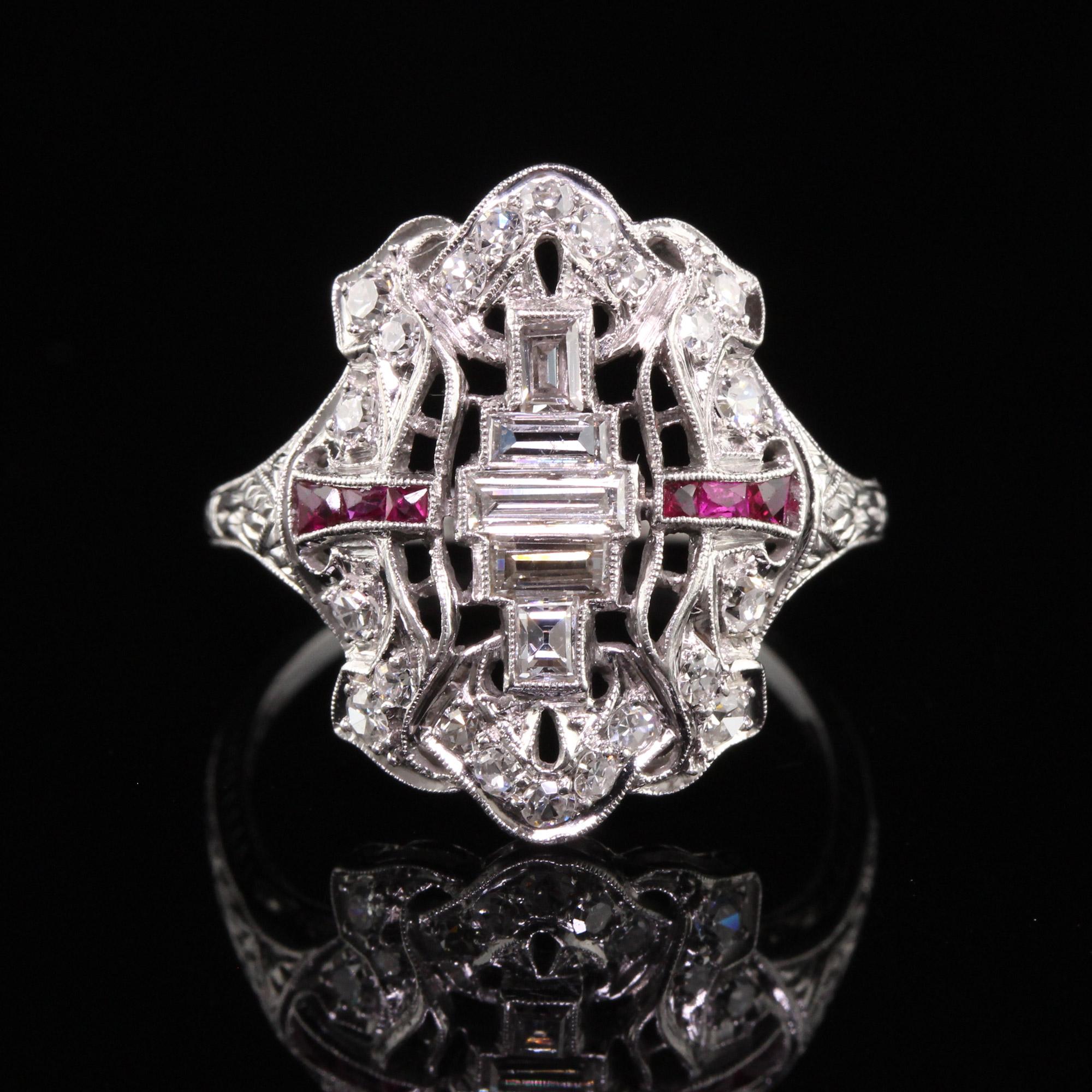 Antique Art Deco Platinum Baguette Old Euro Diamond and Ruby Shield Ring In Good Condition In Great Neck, NY