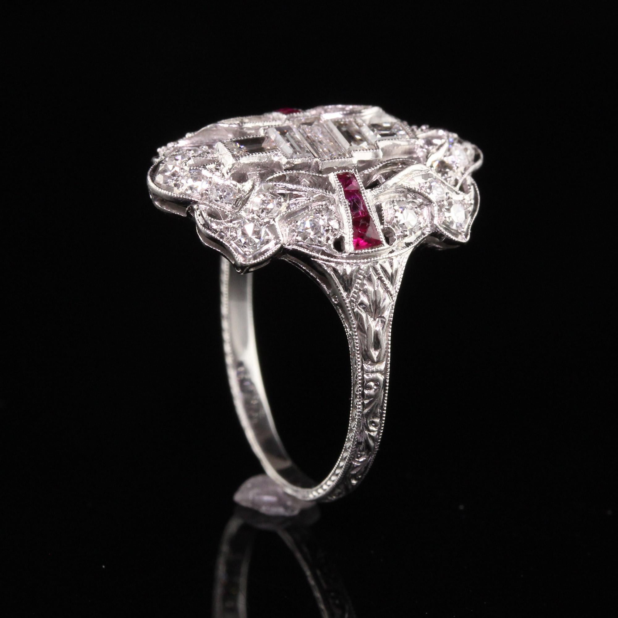 Antique Art Deco Platinum Baguette Old Euro Diamond and Ruby Shield Ring 1