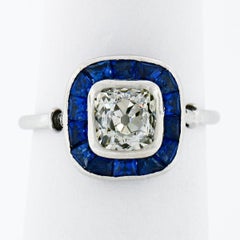 Antique Art Deco Platinum Bezel Old Mine Cushion Diamond & Sapphire Halo Ring