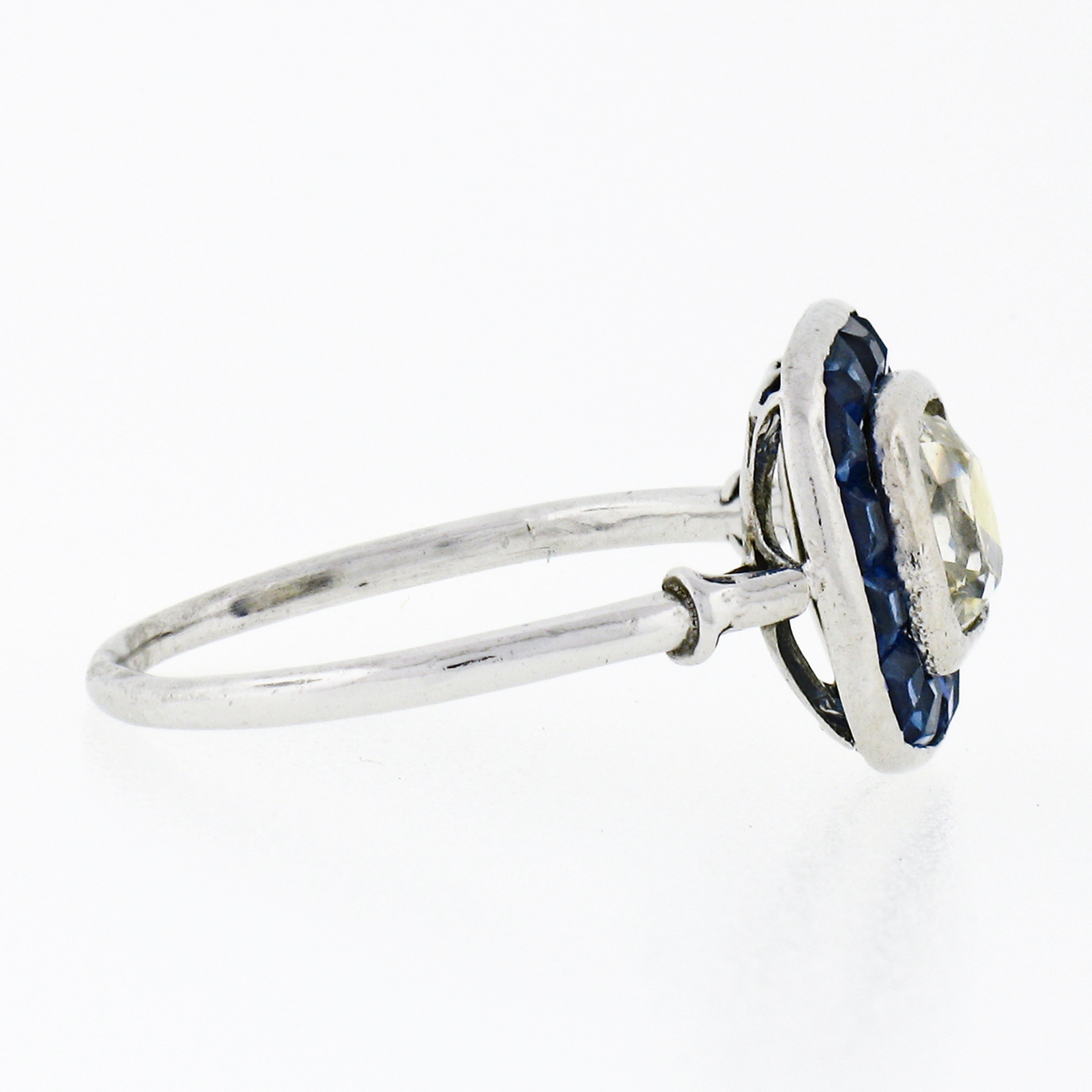 Women's Antique Art Deco Platinum Bezel Old Mine Cushion Diamond & Sapphire Halo Ring For Sale