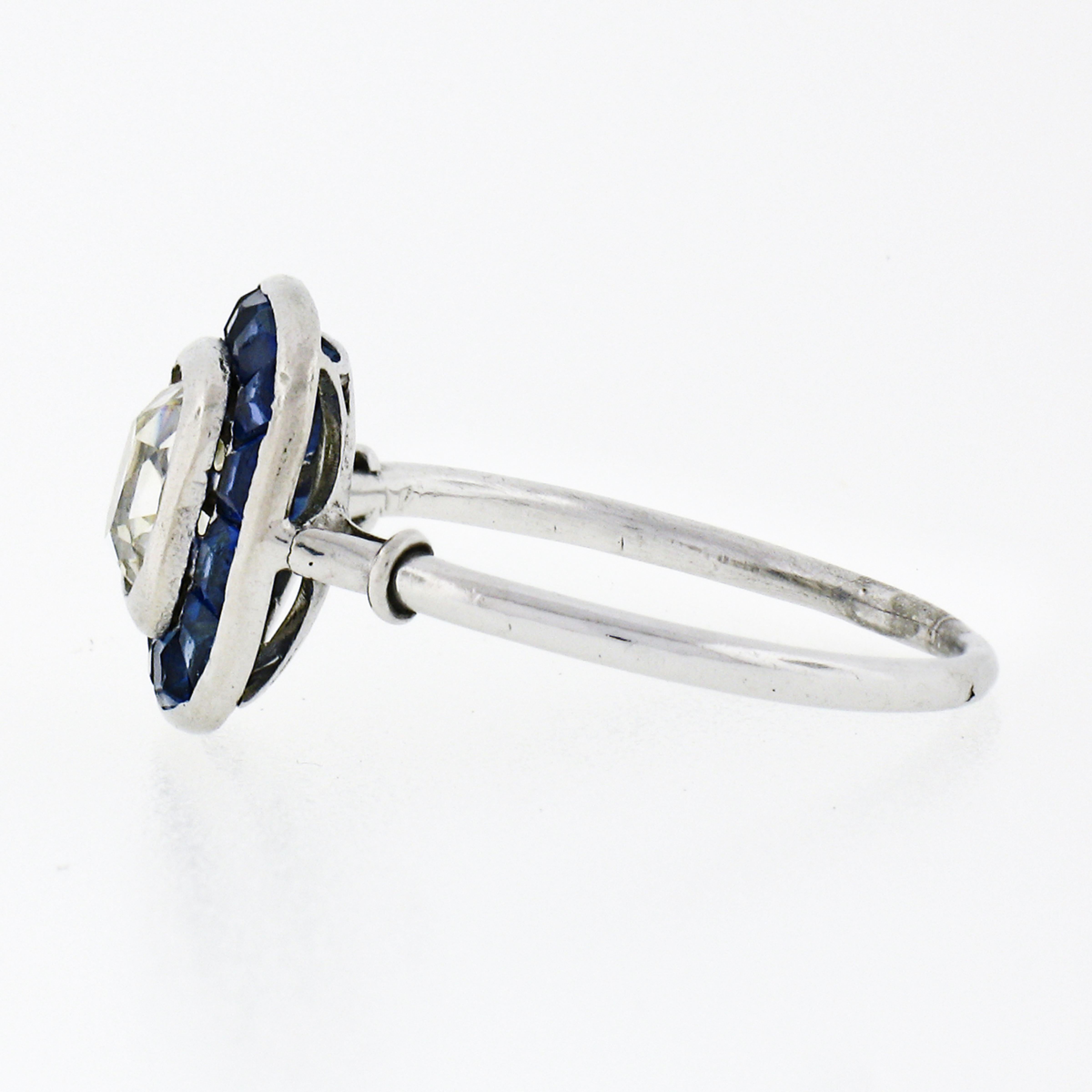 Antique Art Deco Platinum Bezel Old Mine Cushion Diamond & Sapphire Halo Ring For Sale 1