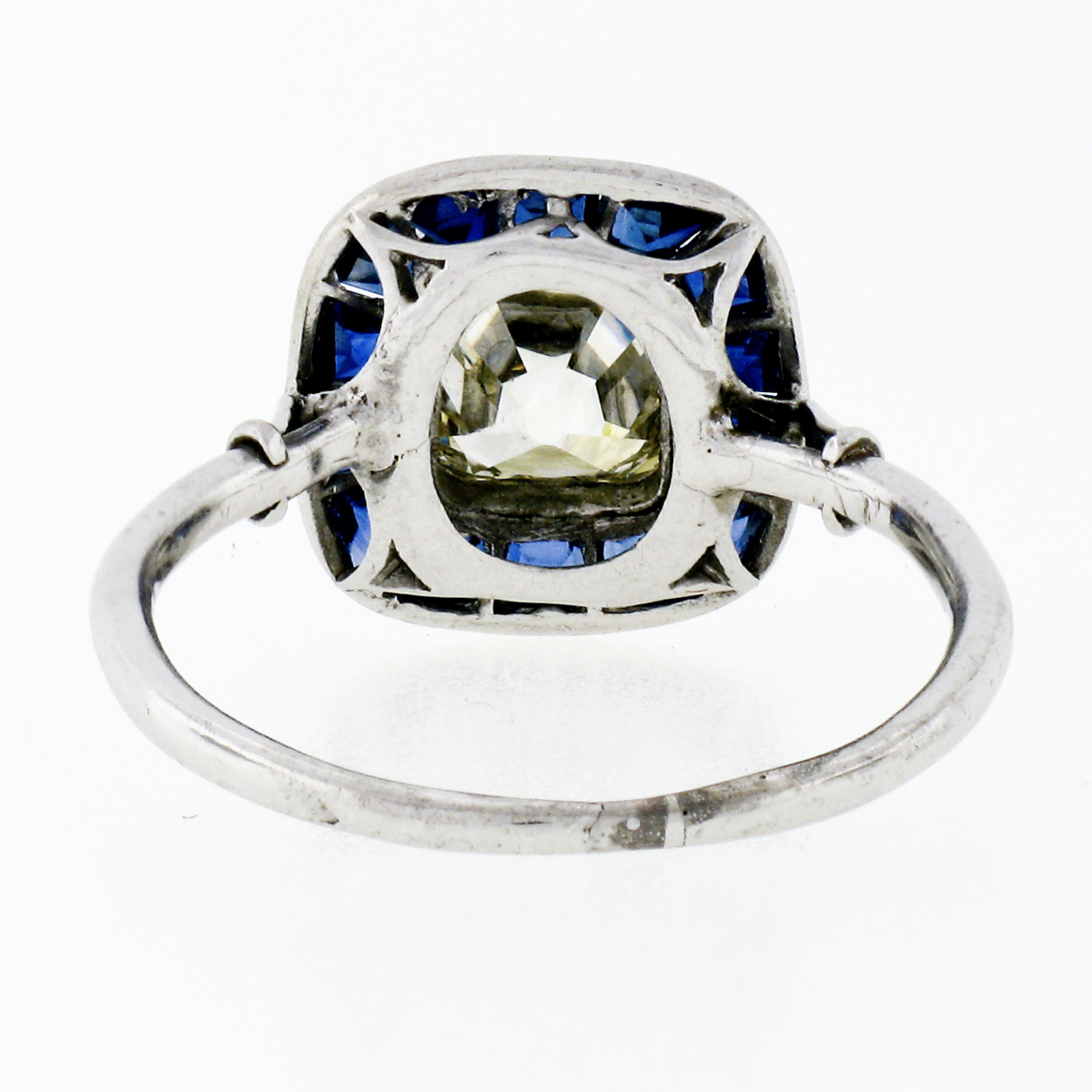 Antique Art Deco Platinum Bezel Old Mine Cushion Diamond & Sapphire Halo Ring For Sale 2