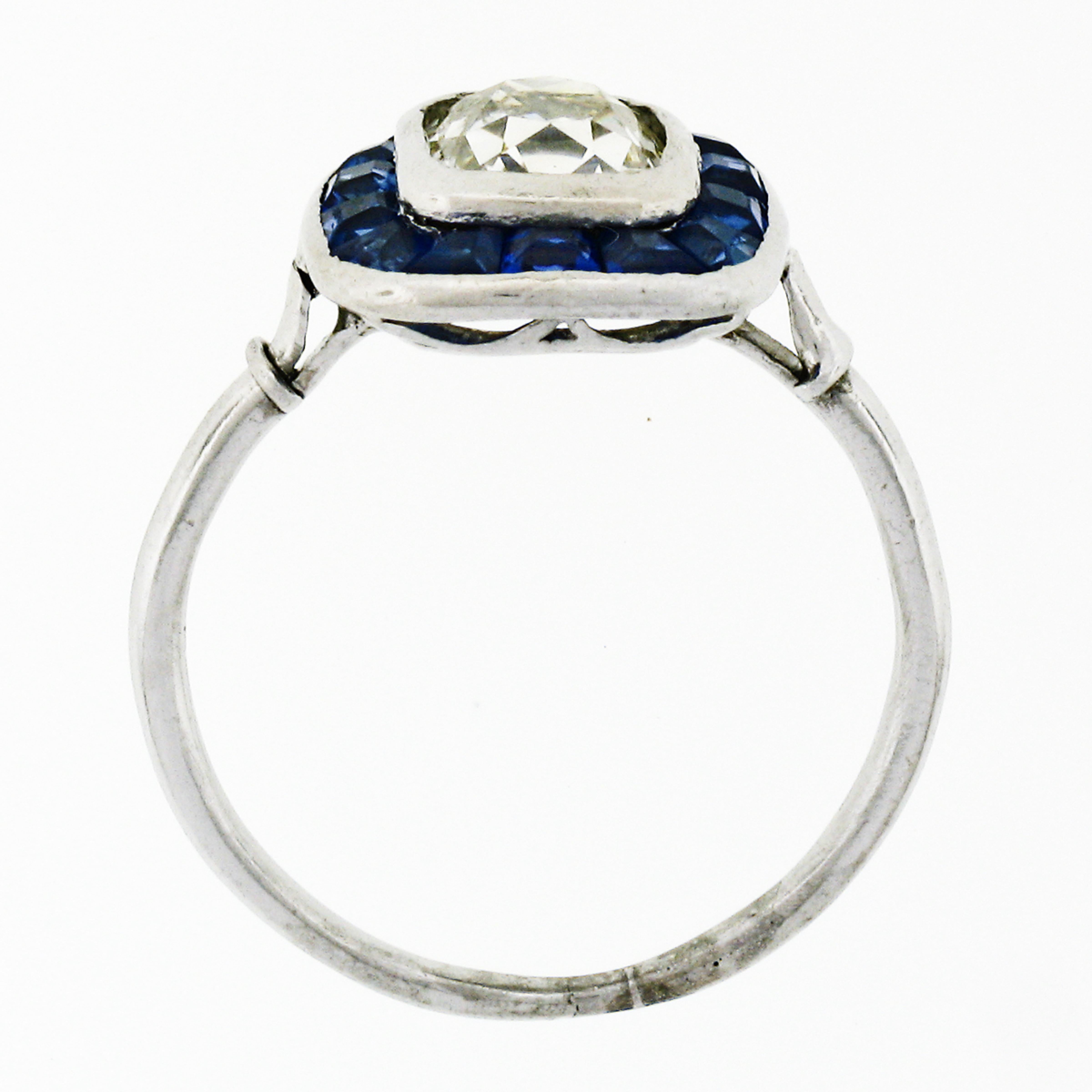 Antique Art Deco Platinum Bezel Old Mine Cushion Diamond & Sapphire Halo Ring For Sale 3