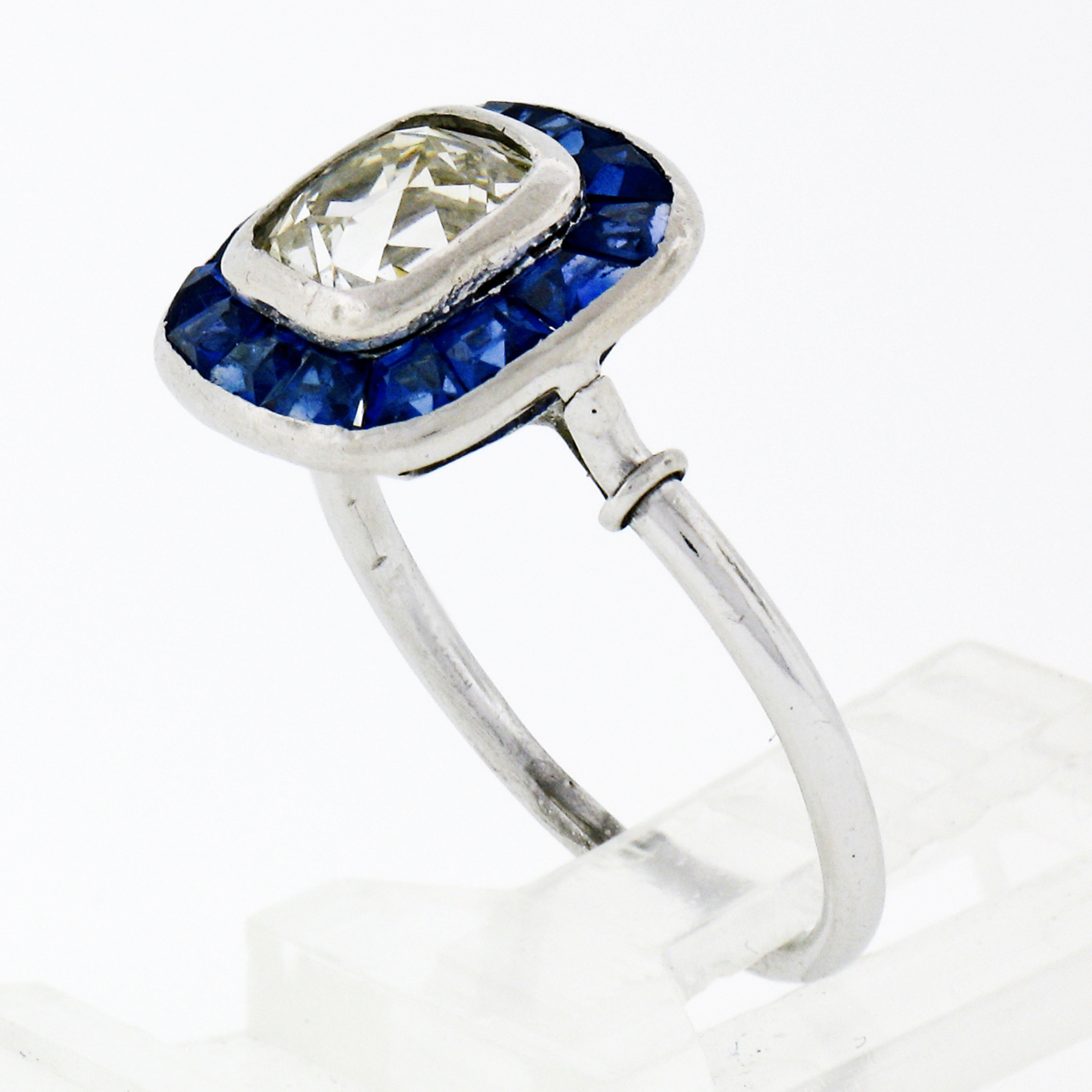 Antique Art Deco Platinum Bezel Old Mine Cushion Diamond & Sapphire Halo Ring For Sale 4