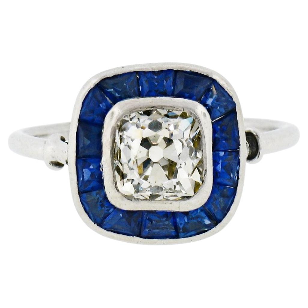 Antique Art Deco Platinum Bezel Old Mine Cushion Diamond & Sapphire Halo Ring