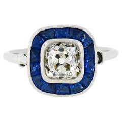 Antique Art Deco Platinum Bezel Old Mine Cushion Diamond & Sapphire Halo Ring
