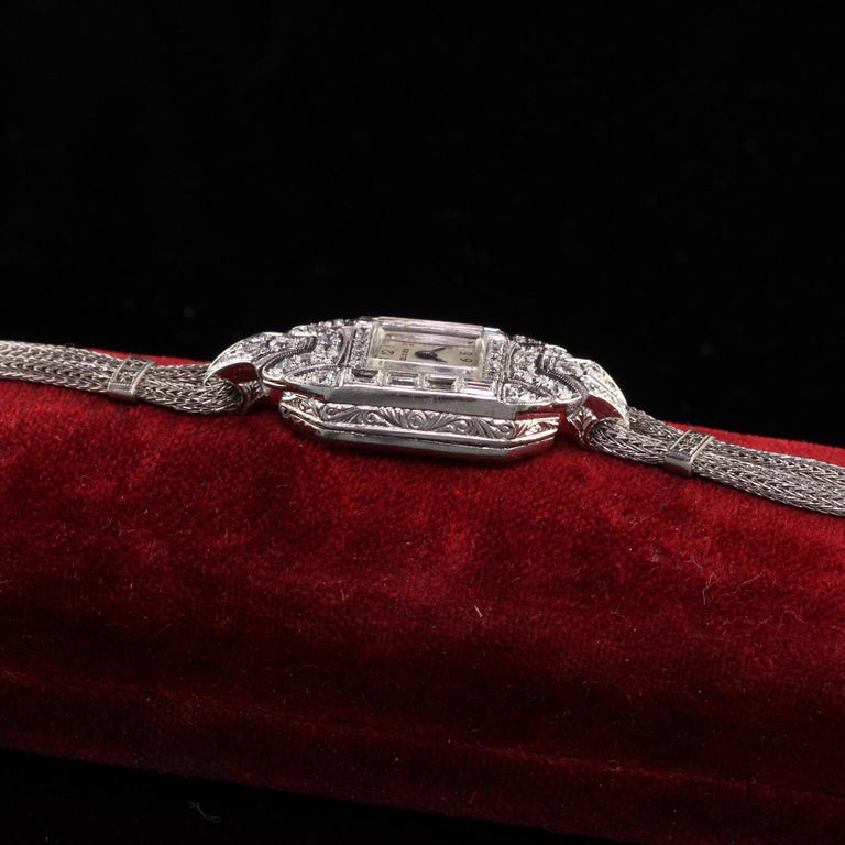 Antique Art Deco Platinum Birks Baguette Diamond Ladies Dress Watch In Good Condition For Sale In Great Neck, NY