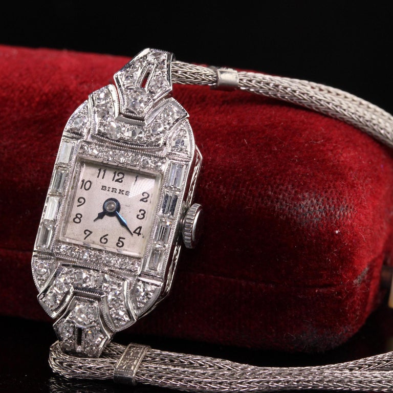 Women's Antique Art Deco Platinum Birks Baguette Diamond Ladies Dress Watch For Sale