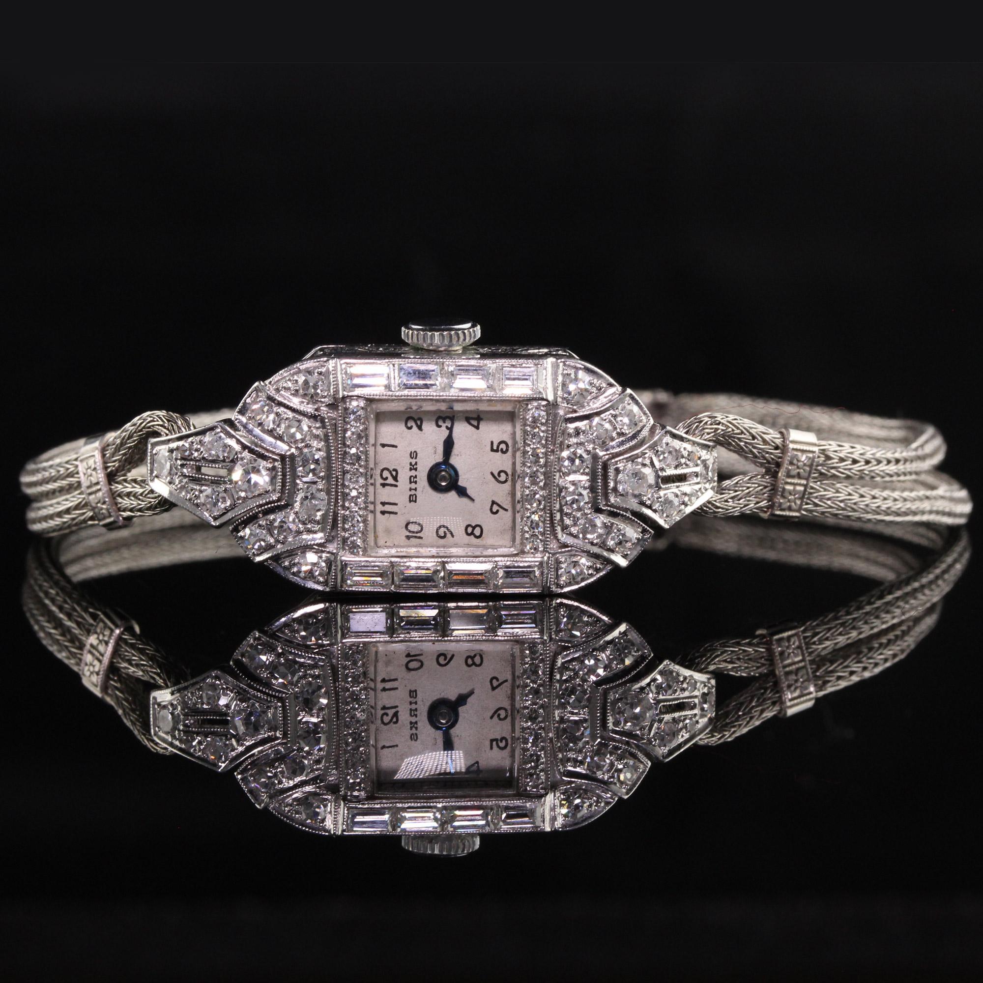 Antique Art Deco Platinum Birks Baguette Diamond Ladies Dress Watch In Good Condition In Great Neck, NY