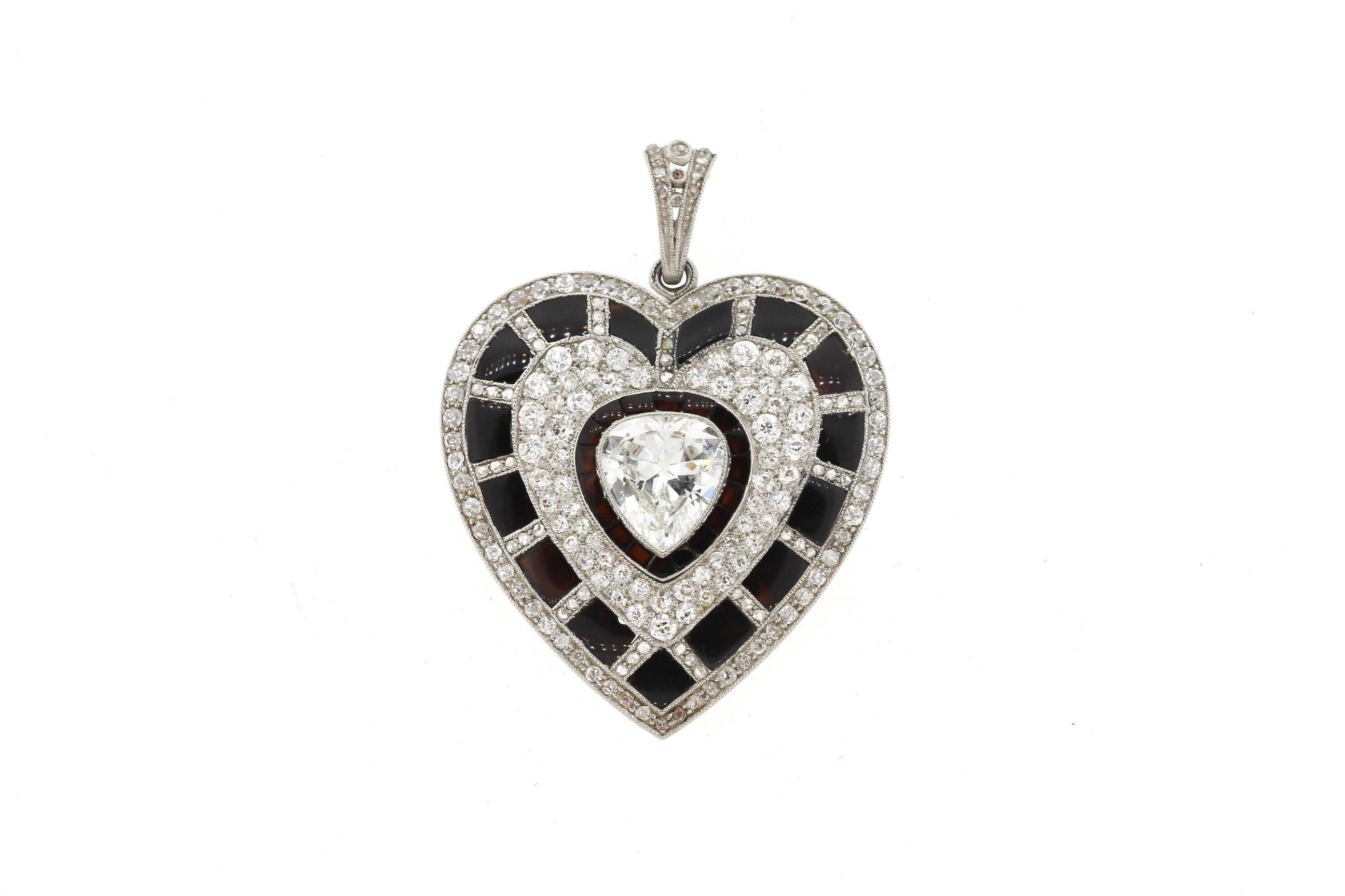 Pear Cut Antique Art Deco Platinum Black Onyx Diamond Heart Pendant