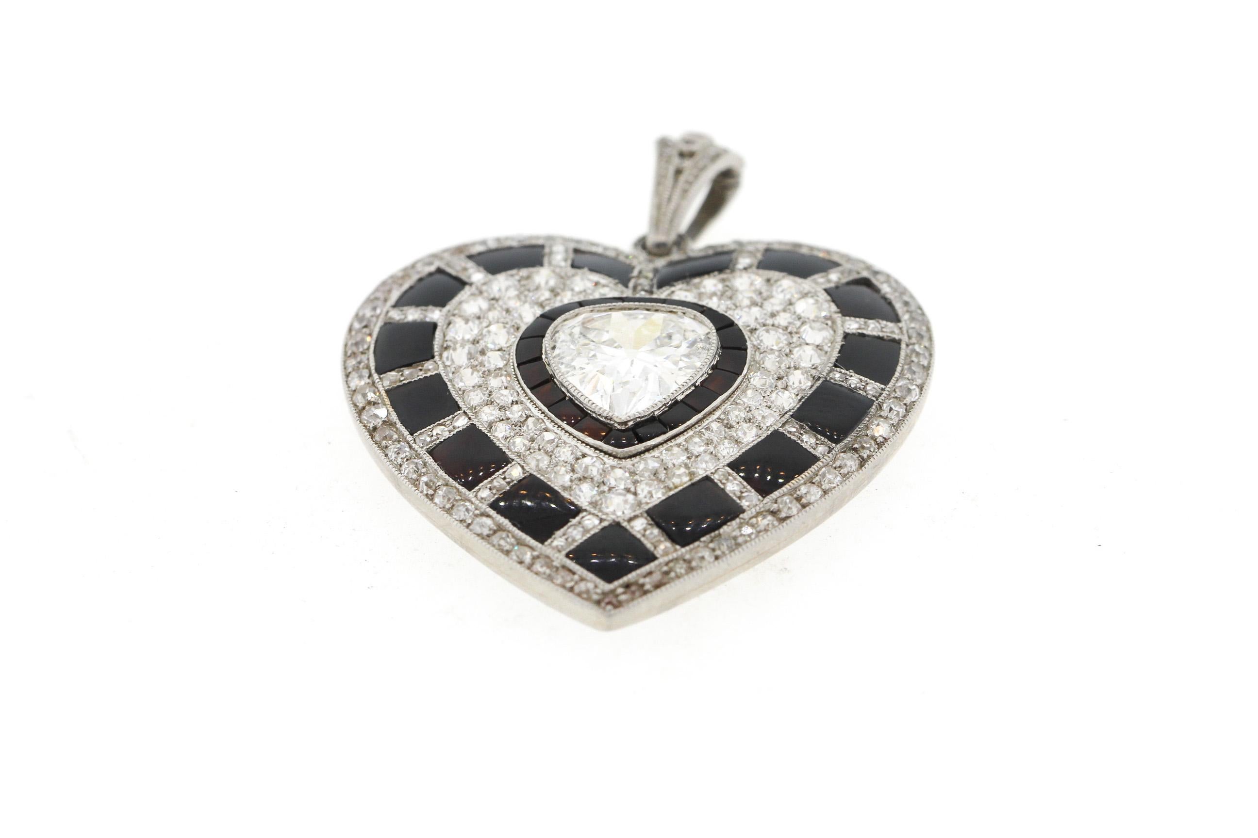 Antique Art Deco Platinum Black Onyx Diamond Heart Pendant 1