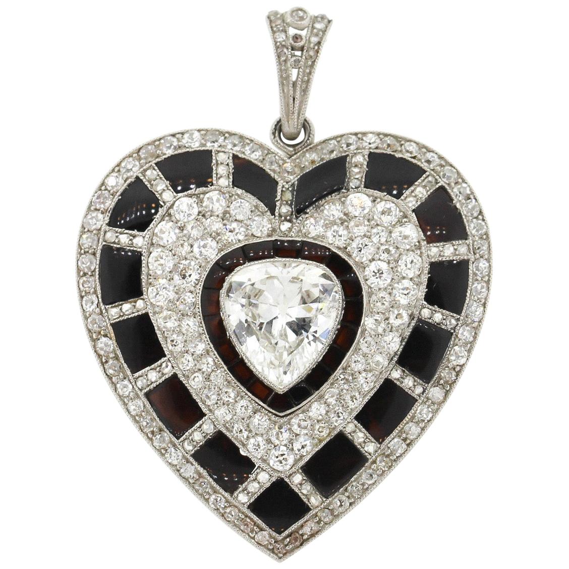 Antique Art Deco Platinum Black Onyx Diamond Heart Pendant