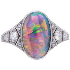Antique, Art Deco, Platinum, Black Opal and Diamond Cluster Cocktail Ring
