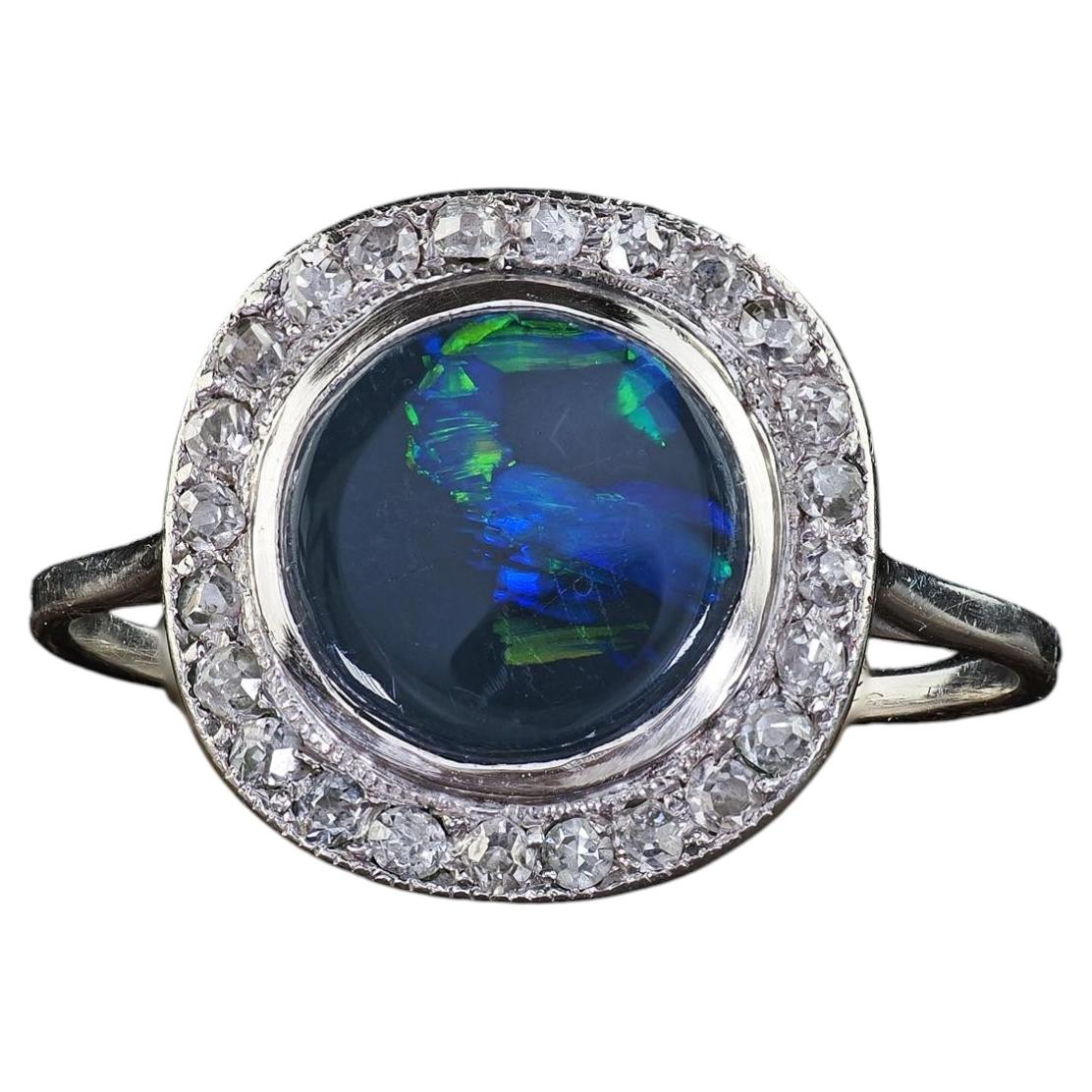 Antique Art Deco Platinum Black Opal and Old Cut Diamond Engagement Ring