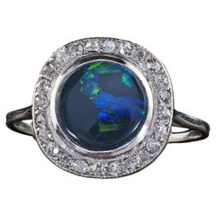 Antique Art Deco Platinum Black Opal and Old Cut Diamond Engagement Ring