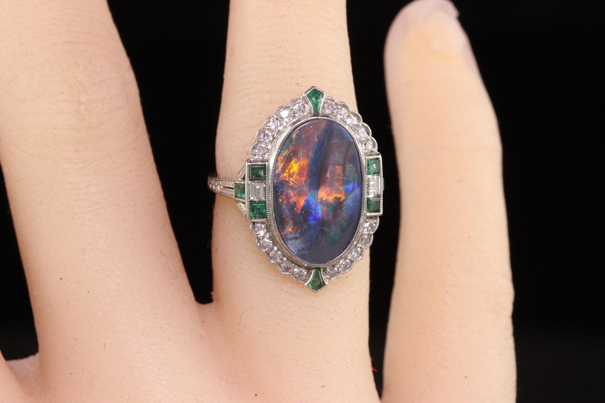 Antique Art Deco Platinum Black Opal Diamond and Emerald Cocktail Ring 5