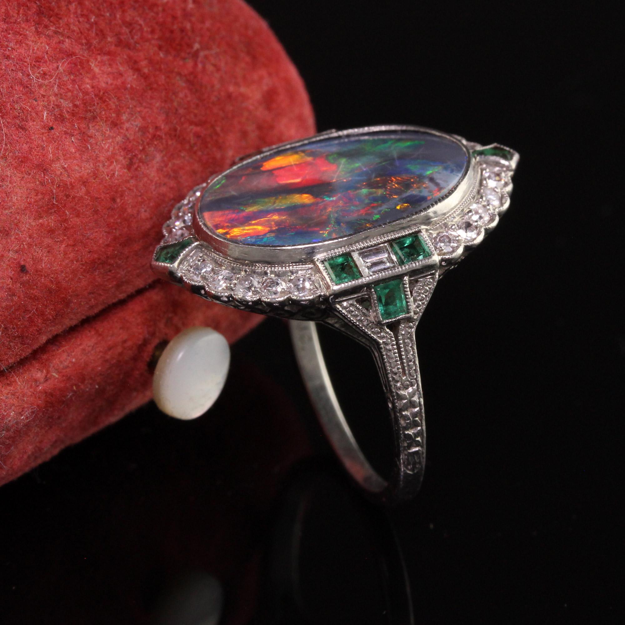 Cabochon Antique Art Deco Platinum Black Opal Diamond and Emerald Cocktail Ring