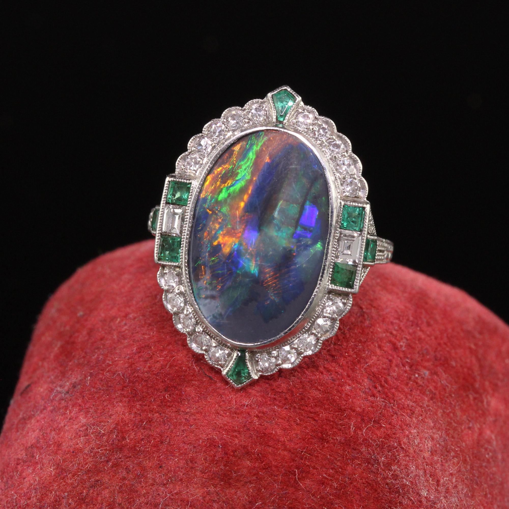 Antique Art Deco Platinum Black Opal Diamond and Emerald Cocktail Ring In Good Condition In Great Neck, NY