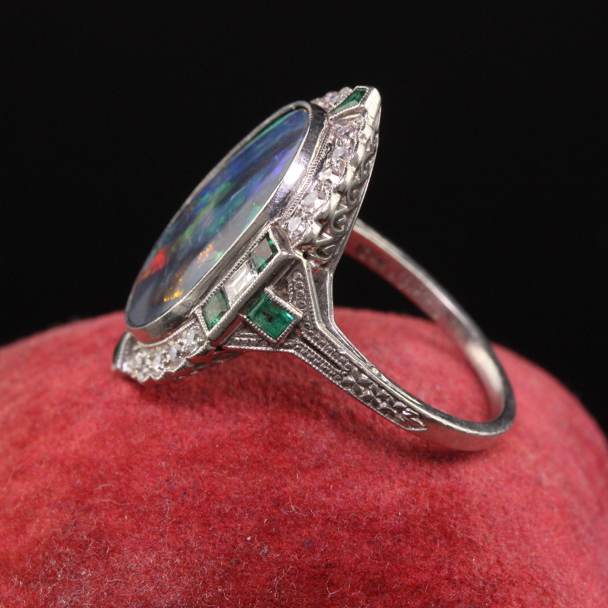 Women's Antique Art Deco Platinum Black Opal Diamond and Emerald Cocktail Ring