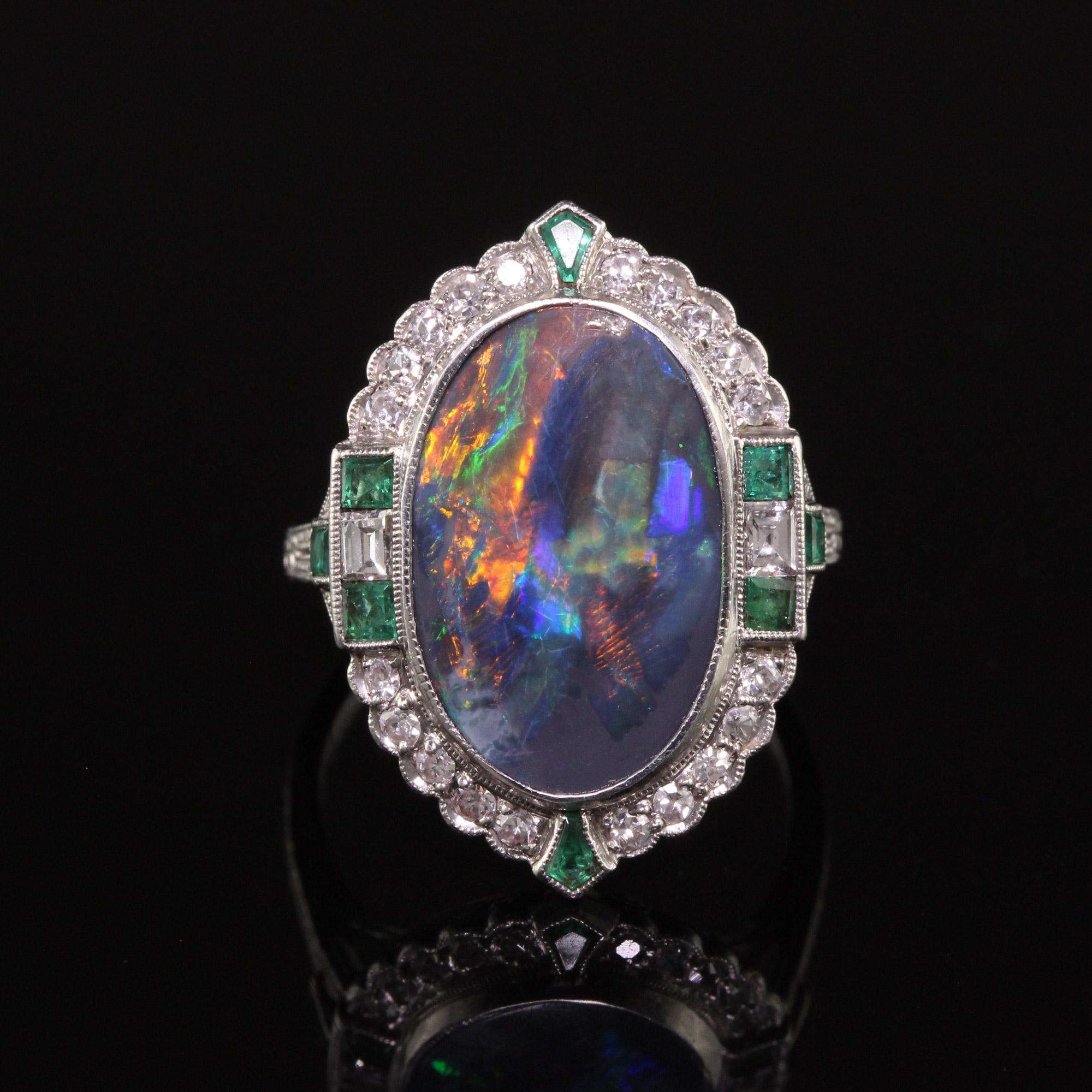 Antique Art Deco Platinum Black Opal Diamond and Emerald Cocktail Ring 2