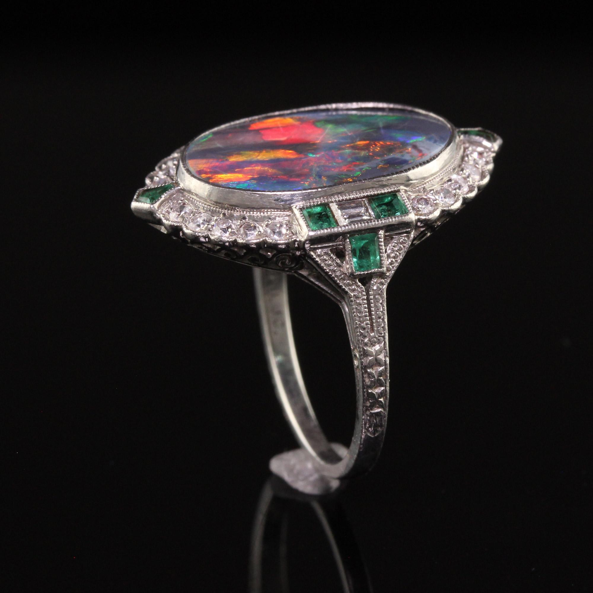 Antique Art Deco Platinum Black Opal Diamond and Emerald Cocktail Ring 4