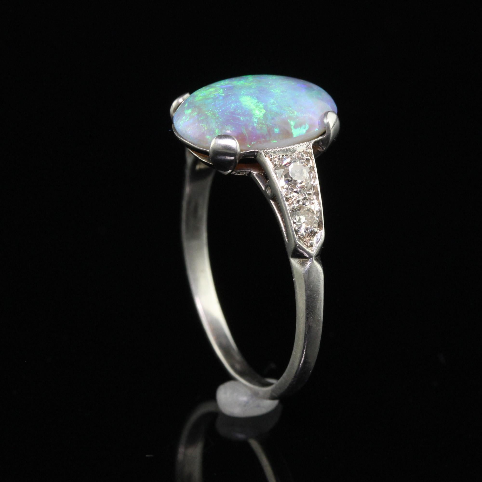 Women's Antique Art Deco Platinum Black Opal Old European Diamond Engagement Ring
